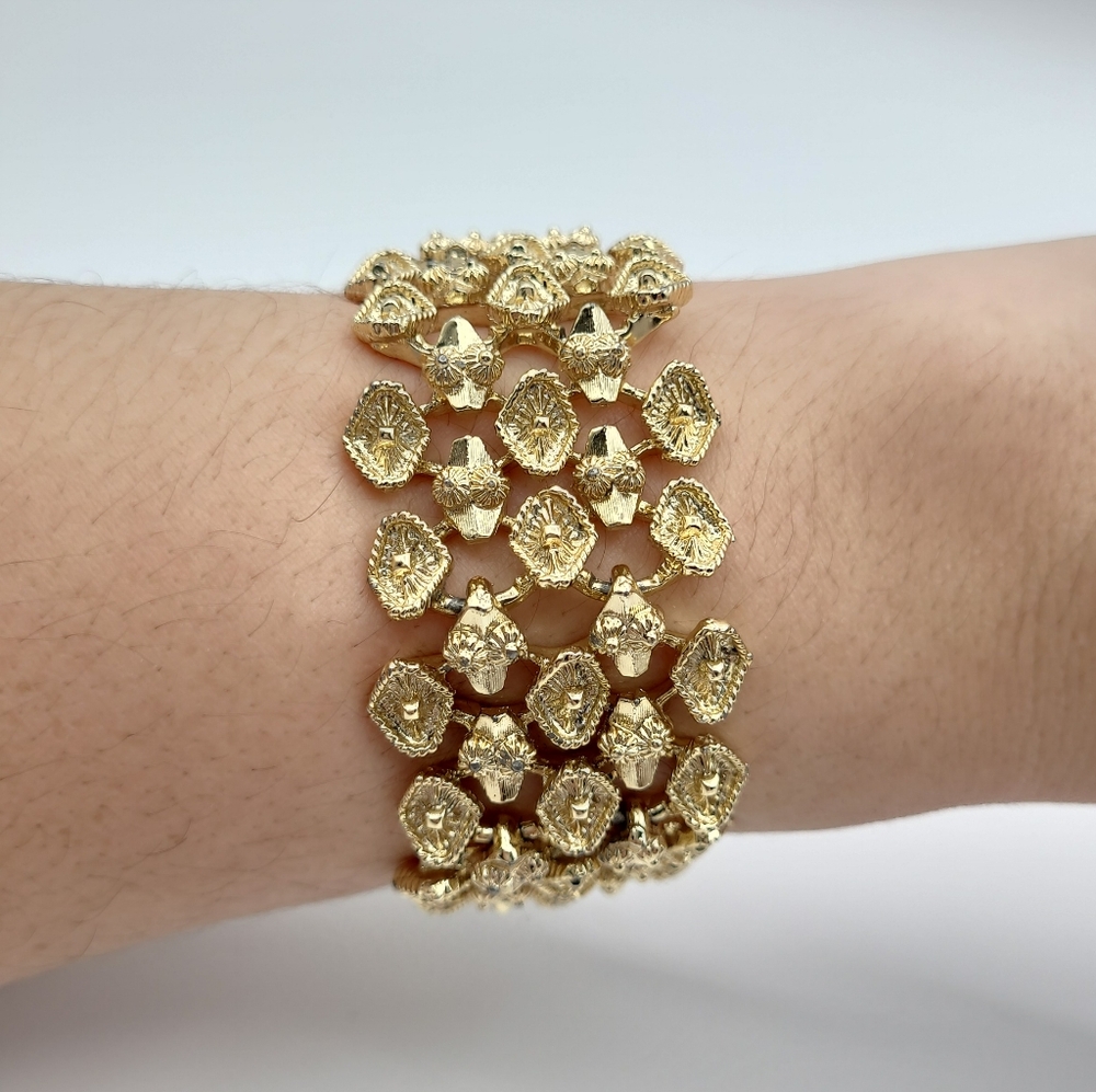 Wide Gold Tone Statement Bracelet Textured Link Chunky Vintage